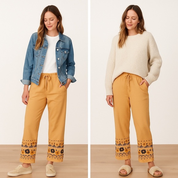 Driftwood Tan Floral Embroidered Lounge Pants | Boho Cotton Size Small - Picture 1 of 16